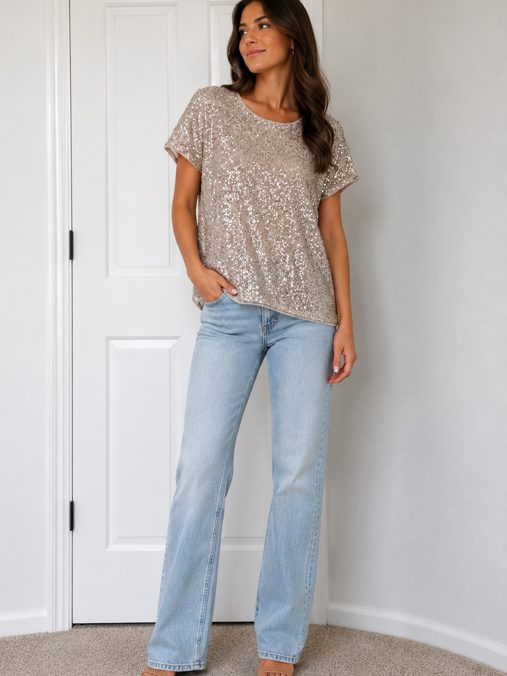Sequin Short Sleeve Tee in Champagne